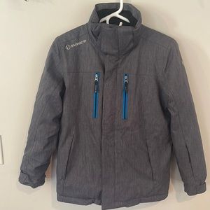 Children’s winter coat, size 12, gray with blue trimed zippers.
